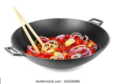 Vegetables In Wok Isolated On White