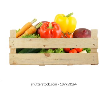 Vegetables In Wooden Box Isolated On White 