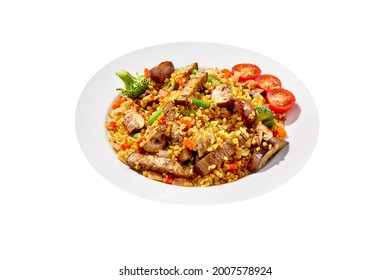 Vegetarian Barley Pilaf With Eggplants, Mushrooms, Broccoli, Tomatoes