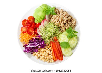 Vegetarian buddha bowl. Plate of healthy salad with quinoa and fresh vegetables isolated on white background, top view - Powered by Shutterstock