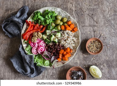 Vegetarian Buddha Bowl. Raw Vegetables And Quinoa In A One Bowl. Vegetarian, Healthy, Detox Food Concept  