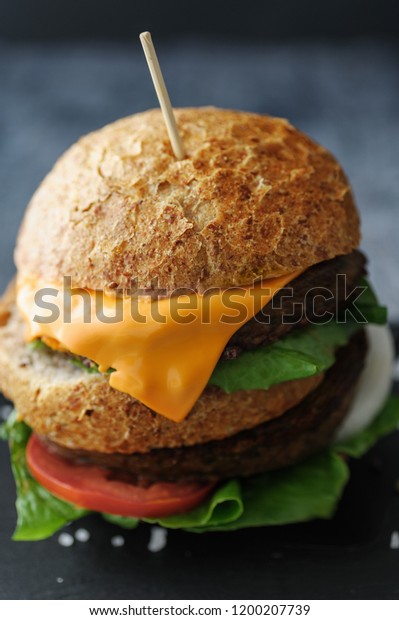 Vegetarian burger made of eggfruit hamburger, with\
cheese, onion, tomato and cheese and integral bun. On textured\
black board. 
