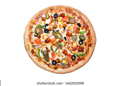Vegetarian Chicken Tikka pizza with vegetables, mozzarella cheese on an Italian tomato dough base pizza, Soya Tikka