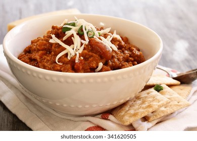 Vegetarian Chili With Beans On White Bowl, Selective Focus