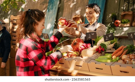 Vegetarian client choosing colorful apples and products, looking at organic produce on farmers market stall. Woman business owner selling fresh seasonal fruits and veggies at festival. - Powered by Shutterstock