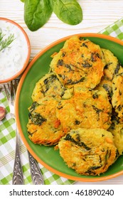 Vegetarian cuisine - fritters with potatoes and spinach.