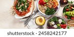 Vegetarian food concept. Set of healthy vegetarian food, salad, avocado, pizza and buddha bowl  on a light background, top view. Copy space.