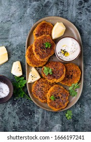 Vegetarian Food. Vegetable Cutlet From Carrot, Zucchini, Potato With Sauce.