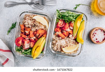 Vegetarian Healthy Meal Prep Containers . Raw Vegetables And Quinoa For Lunch On Light Table. Vegan, Healthy, Detox Food Concept. Top View