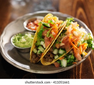 Vegetarian Lentil Tacos On Plate Close Up