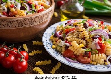 Vegetarian Mexican Macaroni Pasta Salad With Red Bean, Corn, Tomato, Onion And Pepper