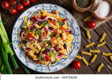 Vegetarian Mexican Macaroni Pasta Salad With Red Bean, Corn, Tomato, Onion And Pepper