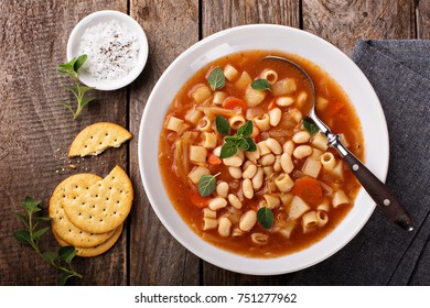 Vegetarian Minestrone Soup With Pasta And White Beans Overhead View