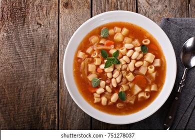 Vegetarian Minestrone Soup With Pasta And White Beans Overhead View