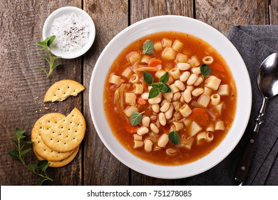 Vegetarian Minestrone Soup With Pasta And White Beans Overhead View