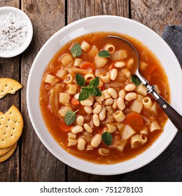 Vegetarian Minestrone Soup With Pasta And White Beans Overhead View