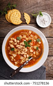 Vegetarian Minestrone Soup With Pasta And White Beans Overhead View