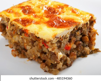 Vegetarian Moussaka From Lentils, Onion, Peppers And Eggs. Horizontal Shot