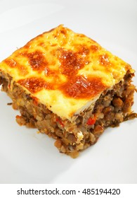 Vegetarian Moussaka From Lentils, Onion, Peppers And Eggs. Vertical Shot