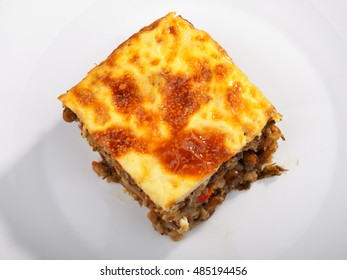 Vegetarian Moussaka From Lentils, Onion, Peppers And Eggs. Shot From Above