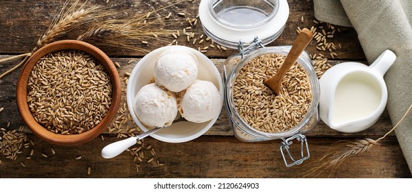 
Vegetarian Oat Milk Ice Cream On Wooden Background, Banner.