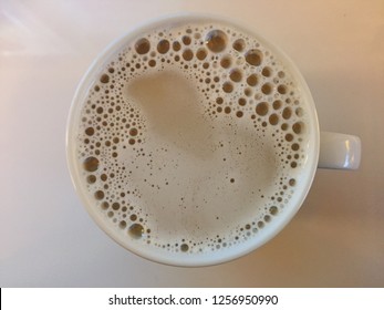 Vegetarian Oat Milk Café Latte Mug, Cup Of Dairy Free Coffee Close Up, Bird Eye View, Foam And Bubble, Nice Shape In Surface Of Drink, Valentine Day Coffee Break