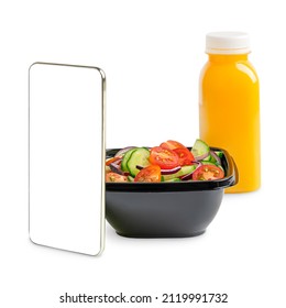 Vegetarian Organic Salad Made Of Sliced Cucumber And Tomato Served In Black Plastic Bowl With Bottle Of Orange Fruit Juice And Telephone Isolated On White Background With Copy Space Or Mock Up