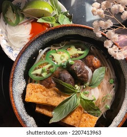 Vegetarian Pho With Fried Tofu And Shiitakes Mushroom