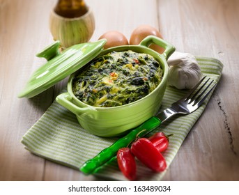 Vegetarian Pie With Spinach And Turnip Top, Selective Focus