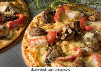 Vegetarian Pita Flatbread Pizza. Studio Shot, Close Up