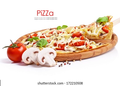 Vegetarian pizza with peppers, mushrooms, tomatoes, olives and basil - Powered by Shutterstock