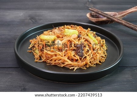 Vegetarian rice noodle. Hakka style stir fried vegetarian rice noodle. Vegetarian food. Vegetarian festival