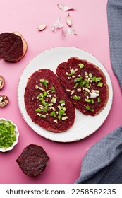Vegetarian sandwiches with healthy beetroot spread and young onion, garlic and cottage cheese. Seasonal organic snacks. - Shutterstock ID 2258582235