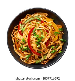 Vegetarian Schezwan Noodles or Vegetable Hakka Noodles or Chow Mein isolated on white background. Schezwan Noodles is indo-chinese cuisine hot dish with udon noodles, vegetables and chilli sauce - Shutterstock ID 1837716592