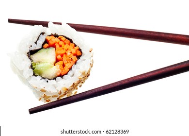 Vegetarian Sushi California Roll With Rice And Seaweed Isolated On White Background