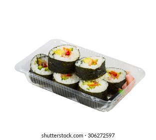 Vegetarian Sushi In Takeaway Box Isolated On White With Clipping Path