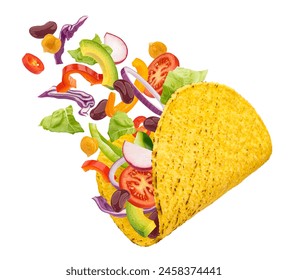 Vegetarian taco, corn tortilla wrap with falling vegetables isolated on white background