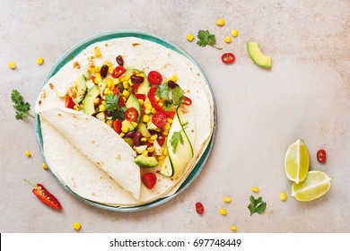 Vegetarian Taco Wraps. Vegetable Tacos With Ingredients On Rustic Surface. Top View, Blank Space