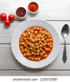 Vegetarian Tasty Spicy Chick Pea Soup On A Wooden Background / Cheakpea Stew/  Turkish Nohut Pilaki