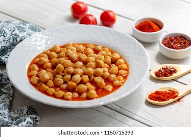 Vegetarian Tasty Spicy Chick Pea Soup On A Wooden Background / Cheakpea Stew/  Turkish Nohut Pilaki