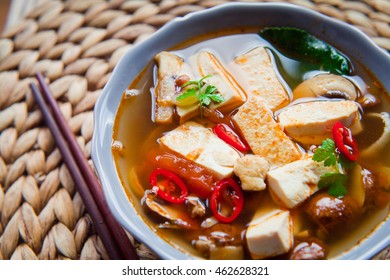 Vegetarian Thai Broth Pho Soup With Fried Tofu, Shiitake Mushrooms