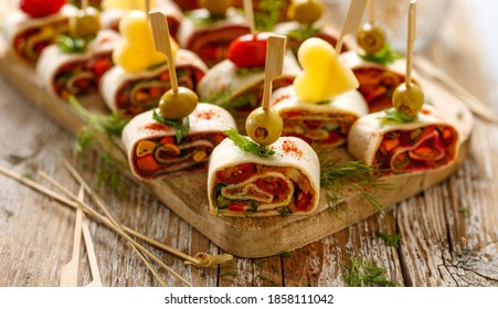 Vegetarian Tortilla Roll Ups With Vegetable Filling Close Up View