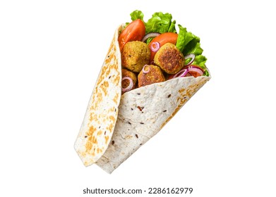 Vegetarian Tortilla wrap with falafel and fresh salad, vegan tacos. Isolated on white background