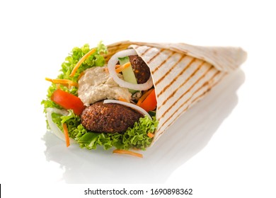 vegetarian tortilla wrap with falafel and hummus, isolated on white background
