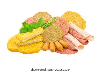 Vegetarian And Vegan Meat Substitutes Isolated On White Background