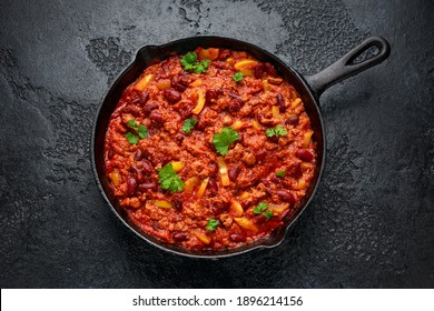 Vegetarian Vegan Mince Chili Con Carne Served In Cast Iron Skillet Pan