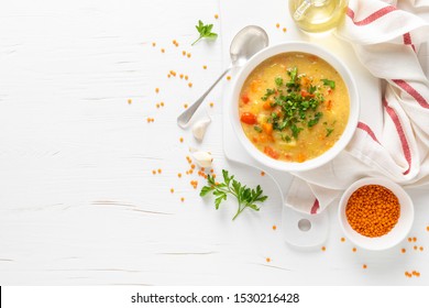 Vegetarian Vegetable Lentil Soup With Fresh Parsley, Healthy Eating, Top View