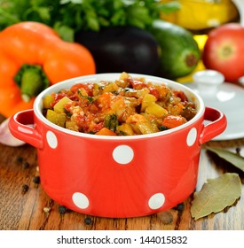 Vegetarian Vegetable Stew On A Brown Table