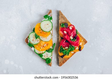 Vegetarian Vs. Meat Eating. Two Diet Types Sandwiches