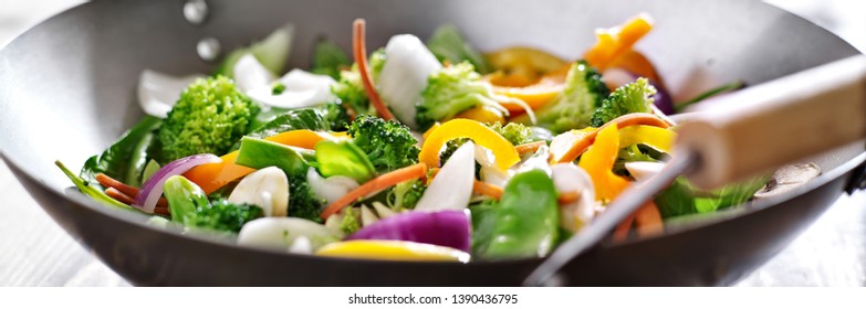 Vegetarian Wok Stir Fry Shot In Panoramic Composition